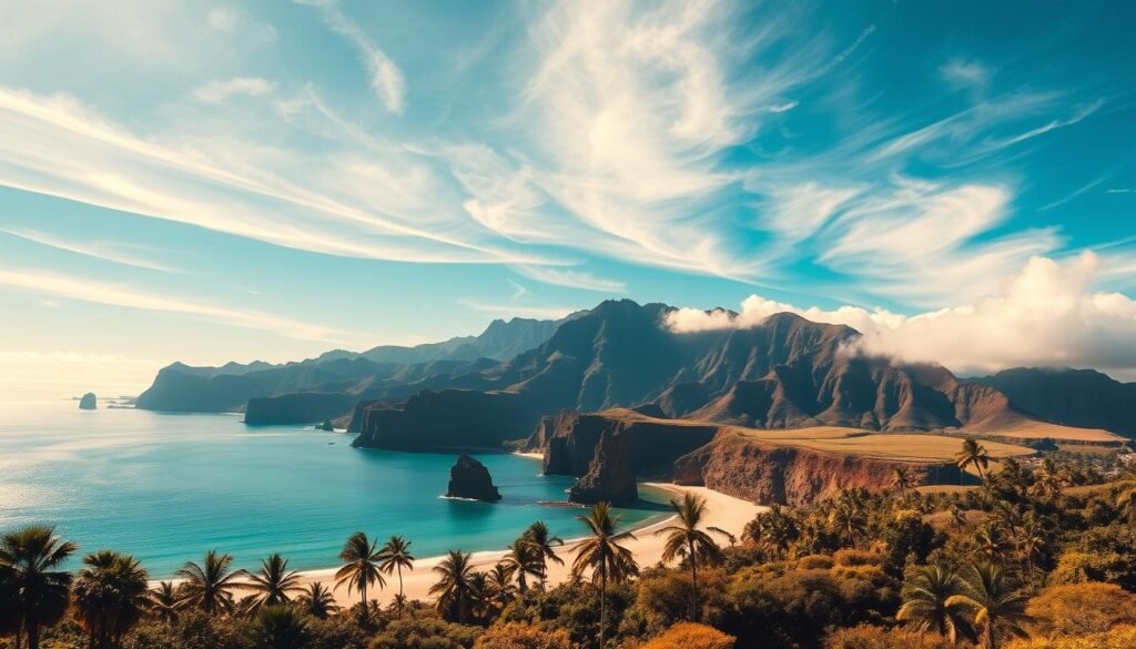 A sun-drenched landscape along the North Shore of Kauai, Hawaii. In the foreground, a pristine sandy beach curves around a picturesque bay, flanked by lush, verdant cliffs. Dramatic, jagged rock formations jut out from the crystal-clear turquoise waters, casting dramatic shadows. In the middle ground, swaying palm trees line the shore, their fronds rustling in the gentle trade winds. The background is dominated by a majestic mountain range, its peaks shrouded in wispy clouds. The sky is a brilliant azure, with wisps of white clouds drifting overhead, casting a warm, golden glow across the scene. The overall mood is one of serene, natural beauty and tranquility.