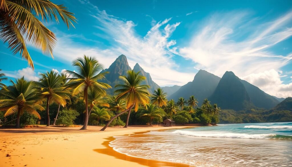 A sun-drenched landscape of Saint Lucia in the dry season. In the foreground, a serene beach with golden sands and gently lapping waves. The middle ground features lush palm trees swaying in the warm breeze, their fronds casting intricate shadows. In the background, rugged mountains rise majestically, their peaks bathed in a hazy blue-gray hue. The sky is a brilliant azure, with wispy clouds drifting lazily overhead. The overall scene is one of tranquility and relaxation, inviting the viewer to imagine the idyllic experience of visiting this Caribbean paradise during its dry, temperate months.