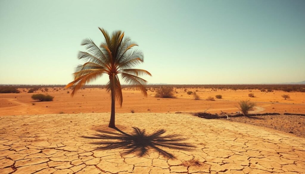 A sun-drenched landscape under a cloudless sky, scorched earth and parched vegetation stretching out as far as the eye can see. In the foreground, a solitary palm tree sways gently in the warm breeze, its fronds casting long shadows on the cracked, dusty ground. The middle ground is dotted with sparse, weathered shrubs and the occasional dried-up stream bed, while the distant horizon is hazy and indistinct, the air shimmering with heat. The overall mood is one of stillness and tranquility, tinged with a sense of the harsh realities of Jamaica's dry season. A sun-drenched landscape under a cloudless sky, scorched earth and parched vegetation stretching out as far as the eye can see. In the foreground, a solitary palm tree sways gently in the warm breeze, its fronds casting long shadows on the cracked, dusty ground. The middle ground is dotted with sparse, weathered shrubs and the occasional dried-up stream bed, while the distant horizon is hazy and indistinct, the air shimmering with heat. The overall mood is one of stillness and tranquility, tinged with a sense of the harsh realities of Jamaica's dry season.