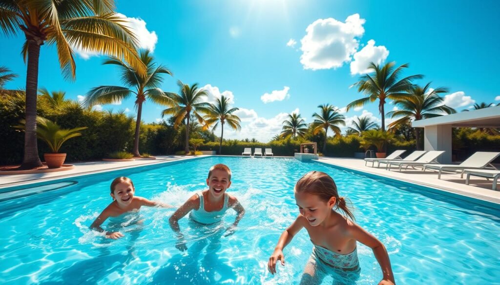 A sun-drenched outdoor pool, surrounded by lush greenery and towering palm trees. The cool, inviting water beckons, its surface shimmering with dancing sunlight. In the foreground, a family happily splashes and plays, their laughter echoing through the air. The middle ground features a sleek, modern poolside deck with comfortable lounge chairs, while the background showcases a vibrant, azure sky dotted with fluffy white clouds. The scene radiates a sense of summer bliss, perfectly capturing the spirit of fun and relaxation on a hot day.