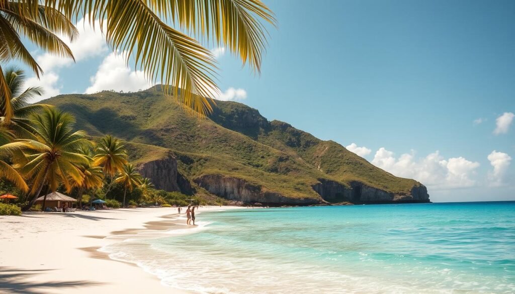 A sun-drenched paradise of swaying palms, pristine white-sand beaches, and crystal-clear turquoise waters. A wide, inviting shoreline frames the foreground, with gentle waves lapping at the edge. In the middle ground, beachgoers stroll leisurely, capturing the laid-back island life. Towering cliffs and verdant hills form a lush, dramatic backdrop, painted in warm, golden hues by the setting sun. A sense of tranquility and natural beauty pervades the scene, transporting the viewer to the heart of Barbados' captivating Caribbean charm. A sun-drenched paradise of swaying palms, pristine white-sand beaches, and crystal-clear turquoise waters. A wide, inviting shoreline frames the foreground, with gentle waves lapping at the edge. In the middle ground, beachgoers stroll leisurely, capturing the laid-back island life. Towering cliffs and verdant hills form a lush, dramatic backdrop, painted in warm, golden hues by the setting sun. A sense of tranquility and natural beauty pervades the scene, transporting the viewer to the heart of Barbados' captivating Caribbean charm.