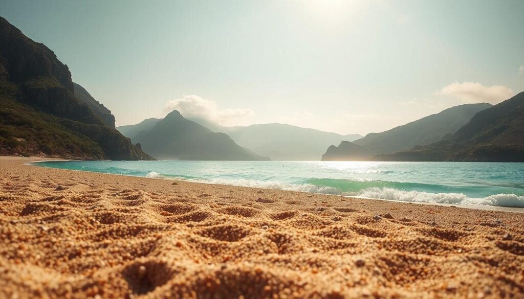 A sun-drenched sandy beach on the idyllic Greek island of Naxos. In the foreground, fine golden grains stretch out towards the gently lapping turquoise waters. Towering cliffs and lush green hills rise up in the middle ground, casting soft shadows across the serene scene. The sun's warm rays bathe the landscape in a hazy, dream-like glow, creating a tranquil and inviting atmosphere. Rugged mountains loom in the distance, their peaks partially obscured by wispy cirrus clouds. A wide-angle lens captures the expansive, panoramic view, emphasizing the spacious and breathtaking natural beauty of this quintessential Greek island paradise.