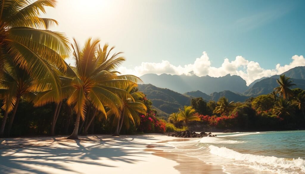 A sun-drenched scene of Jamaica's lush tropical landscape. In the foreground, a pristine white-sand beach with gently lapping waves. Vibrant palm trees sway in the warm breeze, casting dappled shadows on the ground. In the middle ground, rolling green hills dotted with colorful hibiscus and bougainvillea. The background features the majestic Blue Mountains, their peaks shrouded in wispy clouds. The lighting is soft and golden, creating a serene and inviting atmosphere. A cinematic wide-angle lens captures the grandeur of this idyllic setting, perfect for exploring Jamaica at its best. A sun-drenched scene of Jamaica's lush tropical landscape. In the foreground, a pristine white-sand beach with gently lapping waves. Vibrant palm trees sway in the warm breeze, casting dappled shadows on the ground. In the middle ground, rolling green hills dotted with colorful hibiscus and bougainvillea. The background features the majestic Blue Mountains, their peaks shrouded in wispy clouds. The lighting is soft and golden, creating a serene and inviting atmosphere. A cinematic wide-angle lens captures the grandeur of this idyllic setting, perfect for exploring Jamaica at its best.