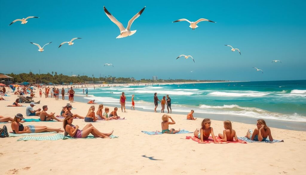 A sun-drenched scene of a lively beach day in coastal South Carolina. In the foreground, families and friends sprawl on colorful beach towels, toes dug into the soft, golden sand. Children splash in the gentle waves of the turquoise Atlantic, their joyful laughter carried on the salty breeze. Seagulls soar overhead, their cries mingling with the rhythmic crashing of the surf. In the middle ground, beachside cabanas and umbrellas dot the shore, providing shade and respite. The background reveals the iconic palmetto-lined beaches of Folly, Sullivan's, and Isle of Palms, their verdant dunes contrasting against the vibrant blue sky. A warm, hazy light bathes the entire scene, evoking the laid-back, carefree atmosphere of a quintessential Lowcountry beach day. A sun-drenched scene of a lively beach day in coastal South Carolina. In the foreground, families and friends sprawl on colorful beach towels, toes dug into the soft, golden sand. Children splash in the gentle waves of the turquoise Atlantic, their joyful laughter carried on the salty breeze. Seagulls soar overhead, their cries mingling with the rhythmic crashing of the surf. In the middle ground, beachside cabanas and umbrellas dot the shore, providing shade and respite. The background reveals the iconic palmetto-lined beaches of Folly, Sullivan's, and Isle of Palms, their verdant dunes contrasting against the vibrant blue sky. A warm, hazy light bathes the entire scene, evoking the laid-back, carefree atmosphere of a quintessential Lowcountry beach day.
