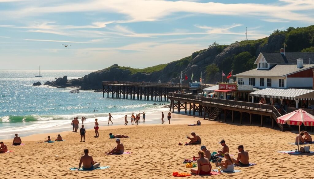 A sun-drenched summer beach in coastal Maine, with golden sand, sparkling blue waves, and a backdrop of rugged rocky cliffs. In the foreground, beachgoers lounge on colorful towels, some building sandcastles, others playing in the gentle surf. The middle ground features a classic New England-style wooden pier, with lobster shacks and ice cream shops lining the boardwalk, their striped awnings swaying in the warm ocean breeze. In the distance, the horizon is dotted with sailboats and seagulls, while wispy clouds cast soft shadows over the idyllic scene. The lighting is natural and golden, evoking the quintessential atmosphere of a perfect summer day in Maine. A sun-drenched summer beach in coastal Maine, with golden sand, sparkling blue waves, and a backdrop of rugged rocky cliffs. In the foreground, beachgoers lounge on colorful towels, some building sandcastles, others playing in the gentle surf. The middle ground features a classic New England-style wooden pier, with lobster shacks and ice cream shops lining the boardwalk, their striped awnings swaying in the warm ocean breeze. In the distance, the horizon is dotted with sailboats and seagulls, while wispy clouds cast soft shadows over the idyllic scene. The lighting is natural and golden, evoking the quintessential atmosphere of a perfect summer day in Maine.