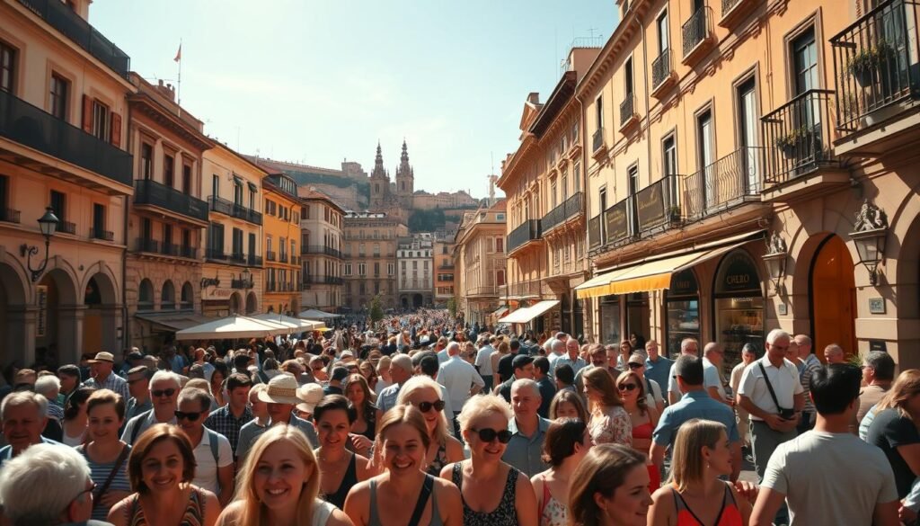 A sun-drenched town square in Spain, bustling with locals and tourists alike. In the foreground, a lively crowd gathers, their animated expressions and colorful attire capturing the vibrant energy of the season. Mid-ground, quaint cafes and shops line the streets, their facades bathed in warm, golden light. In the background, historic buildings and landmarks rise up, creating a picturesque, timeless scene. The atmosphere is one of joyful exploration, with a sense of community and cultural immersion. Captured through a wide-angle lens, this image conveys the essence of Spain's seasonal allure - the perfect balance of weather, crowds, and cost. A sun-drenched town square in Spain, bustling with locals and tourists alike. In the foreground, a lively crowd gathers, their animated expressions and colorful attire capturing the vibrant energy of the season. Mid-ground, quaint cafes and shops line the streets, their facades bathed in warm, golden light. In the background, historic buildings and landmarks rise up, creating a picturesque, timeless scene. The atmosphere is one of joyful exploration, with a sense of community and cultural immersion. Captured through a wide-angle lens, this image conveys the essence of Spain's seasonal allure - the perfect balance of weather, crowds, and cost.