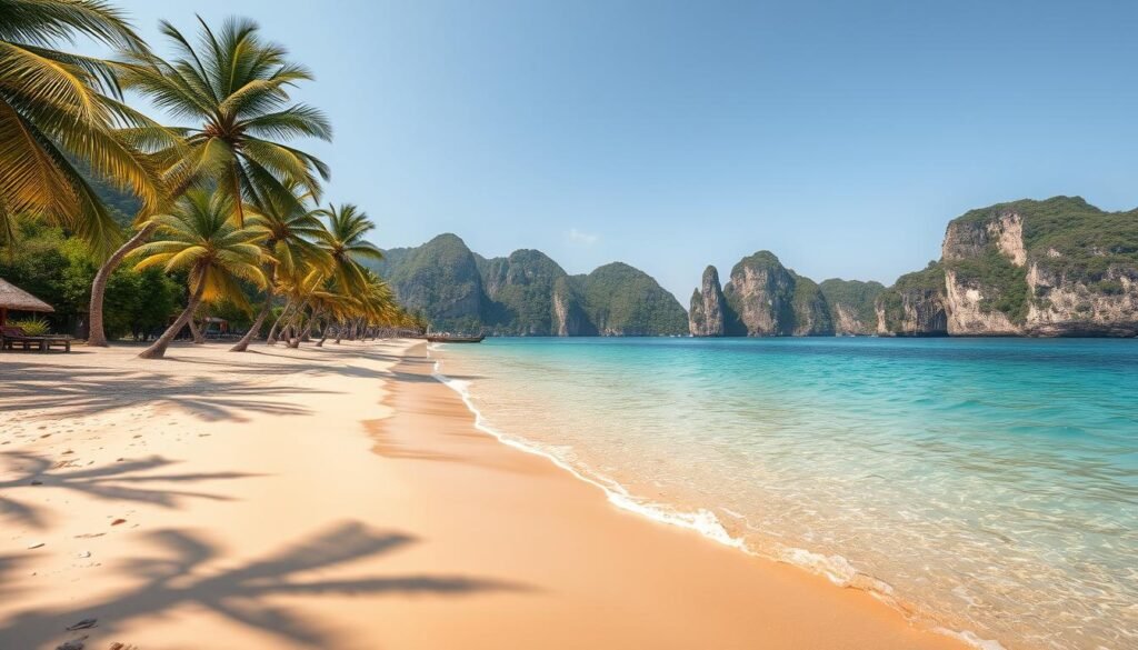 A sun-drenched tropical beach, with crystal-clear turquoise waters lapping gently against the fine, golden sand. Swaying palm trees dot the shoreline, casting gentle shadows over the scene. In the distance, rugged limestone cliffs rise up, creating a dramatic backdrop. A clear, cloudless sky stretches overhead, bathing the entire landscape in a warm, inviting glow. A wide-angle lens captures the expansive, panoramic view, showcasing the breathtaking natural beauty of this idyllic Vietnamese beach. The mood is one of tranquility and relaxation, inviting the viewer to imagine themselves escaping to this picturesque coastal paradise. A sun-drenched tropical beach, with crystal-clear turquoise waters lapping gently against the fine, golden sand. Swaying palm trees dot the shoreline, casting gentle shadows over the scene. In the distance, rugged limestone cliffs rise up, creating a dramatic backdrop. A clear, cloudless sky stretches overhead, bathing the entire landscape in a warm, inviting glow. A wide-angle lens captures the expansive, panoramic view, showcasing the breathtaking natural beauty of this idyllic Vietnamese beach. The mood is one of tranquility and relaxation, inviting the viewer to imagine themselves escaping to this picturesque coastal paradise.