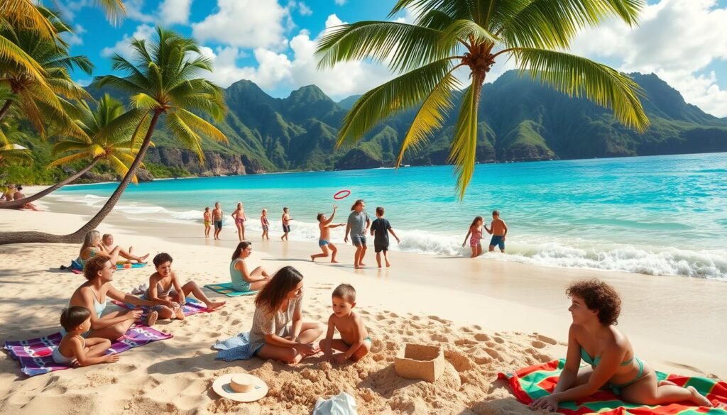 A sun-drenched tropical beach with crystal-clear turquoise waters, swaying palm trees, and families enjoying the idyllic Hawaiian landscape. In the foreground, children build sandcastles and play in the gentle surf, their laughter and joy filling the air. Nearby, parents relax on colorful beach towels, soaking up the warm sun and taking in the stunning natural beauty that surrounds them. In the middle ground, a group of teenagers toss a frisbee, their lively movements captured by a wide-angle lens. The background features lush, verdant hills and cliffs, creating a picturesque backdrop for this family-friendly beach scene, bathed in the soft, golden light of a late afternoon. A sun-drenched tropical beach with crystal-clear turquoise waters, swaying palm trees, and families enjoying the idyllic Hawaiian landscape. In the foreground, children build sandcastles and play in the gentle surf, their laughter and joy filling the air. Nearby, parents relax on colorful beach towels, soaking up the warm sun and taking in the stunning natural beauty that surrounds them. In the middle ground, a group of teenagers toss a frisbee, their lively movements captured by a wide-angle lens. The background features lush, verdant hills and cliffs, creating a picturesque backdrop for this family-friendly beach scene, bathed in the soft, golden light of a late afternoon.