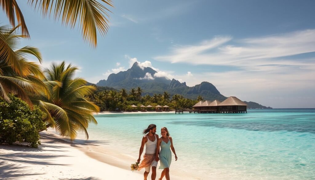 A sun-drenched tropical island paradise, with swaying palm trees lining a pristine white sand beach. In the foreground, a couple walks hand-in-hand, their bodies silhouetted against the vibrant azure waters of a tranquil lagoon. In the middle ground, a luxurious overwater bungalow resort, its thatched-roof villas nestled amidst lush foliage. The background features a dramatic mountain range, its peaks shrouded in wispy clouds, casting a romantic, golden glow over the entire scene. Warm, gentle breezes, the scent of exotic flowers, and the soothing sound of lapping waves create an atmosphere of pure, indulgent relaxation. A sun-drenched tropical island paradise, with swaying palm trees lining a pristine white sand beach. In the foreground, a couple walks hand-in-hand, their bodies silhouetted against the vibrant azure waters of a tranquil lagoon. In the middle ground, a luxurious overwater bungalow resort, its thatched-roof villas nestled amidst lush foliage. The background features a dramatic mountain range, its peaks shrouded in wispy clouds, casting a romantic, golden glow over the entire scene. Warm, gentle breezes, the scent of exotic flowers, and the soothing sound of lapping waves create an atmosphere of pure, indulgent relaxation.