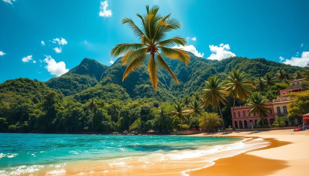 A sun-drenched tropical landscape unfolds, featuring the lush, verdant foliage of Puerto Rico's rainforests. In the foreground, crystalline azure waters lap against the pristine, golden sands of an iconic Caribbean beach, palm trees swaying gently overhead. The mid-ground reveals a towering El Yunque National Forest, its verdant slopes enveloped in a soft, misty haze. In the distance, the historic Spanish colonial architecture of Old San Juan stands proudly, its colorful facades and cobblestone streets inviting exploration. Warm, diffused lighting illuminates the scene, creating a serene and captivating atmosphere that captures the vibrant, no-passport vibes of this Caribbean island paradise. A sun-drenched tropical landscape unfolds, featuring the lush, verdant foliage of Puerto Rico's rainforests. In the foreground, crystalline azure waters lap against the pristine, golden sands of an iconic Caribbean beach, palm trees swaying gently overhead. The mid-ground reveals a towering El Yunque National Forest, its verdant slopes enveloped in a soft, misty haze. In the distance, the historic Spanish colonial architecture of Old San Juan stands proudly, its colorful facades and cobblestone streets inviting exploration. Warm, diffused lighting illuminates the scene, creating a serene and captivating atmosphere that captures the vibrant, no-passport vibes of this Caribbean island paradise.