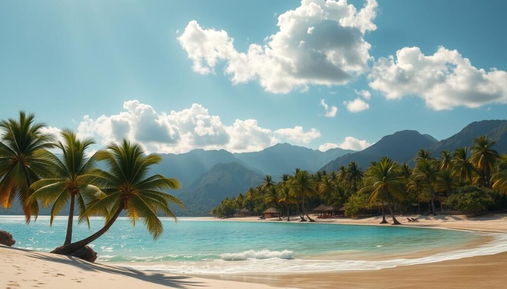 A sun-drenched tropical paradise, with swaying palm trees lining a pristine white sand beach. Warm azure waters lap at the shoreline, inviting visitors to take a refreshing dip. In the distance, majestic mountains rise up, their peaks shrouded in a soft haze. The scene is bathed in a golden glow, as the sun's rays dance across the landscape, creating a warm and serene atmosphere. Fluffy white clouds drift lazily overhead, casting gentle shadows on the tranquil scene below. This is a place where the weather stays kind, offering a welcome respite from the colder climes of the season. A sun-drenched tropical paradise, with swaying palm trees lining a pristine white sand beach. Warm azure waters lap at the shoreline, inviting visitors to take a refreshing dip. In the distance, majestic mountains rise up, their peaks shrouded in a soft haze. The scene is bathed in a golden glow, as the sun's rays dance across the landscape, creating a warm and serene atmosphere. Fluffy white clouds drift lazily overhead, casting gentle shadows on the tranquil scene below. This is a place where the weather stays kind, offering a welcome respite from the colder climes of the season.
