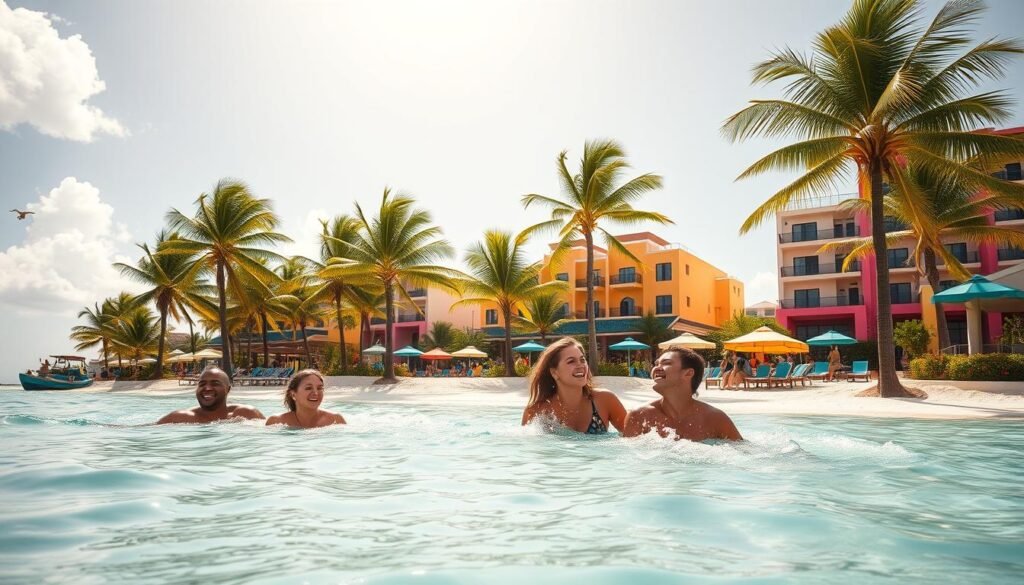 A sun-drenched, vibrant landscape in Cancun, Mexico during the months of May, June, and July. The foreground features a group of friends enjoying the warm turquoise waters, laughing and splashing around. In the middle ground, palm trees sway gently in the soft ocean breeze, their fronds casting dappled shadows on the pristine white sand beach. The background showcases the iconic Mayan-inspired architecture, with vibrant hues of pink, yellow, and turquoise adorning the buildings. The scene is bathed in a golden glow, creating a sense of joyful, carefree summer vibes. A wide-angle lens captures the expansive, inviting atmosphere, drawing the viewer into the lively, celebratory atmosphere of Cancun during the peak summer months. A sun-drenched, vibrant landscape in Cancun, Mexico during the months of May, June, and July. The foreground features a group of friends enjoying the warm turquoise waters, laughing and splashing around. In the middle ground, palm trees sway gently in the soft ocean breeze, their fronds casting dappled shadows on the pristine white sand beach. The background showcases the iconic Mayan-inspired architecture, with vibrant hues of pink, yellow, and turquoise adorning the buildings. The scene is bathed in a golden glow, creating a sense of joyful, carefree summer vibes. A wide-angle lens captures the expansive, inviting atmosphere, drawing the viewer into the lively, celebratory atmosphere of Cancun during the peak summer months.