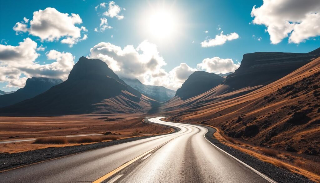 A sun-drenched, winding road cuts through a rugged Icelandic landscape. In the foreground, smooth asphalt glistens, flanked by towering cliffs and sweeping vistas. Fluffy clouds drift across a bright, azure sky, casting soft shadows on the undulating terrain. The scene exudes a sense of tranquility and adventure, inviting the viewer to embark on a journey through Iceland's magnificent natural wonders. Crisp, high-resolution photography with a wide, cinematic lens captures the grandeur of this serene, Nordic setting. A sun-drenched, winding road cuts through a rugged Icelandic landscape. In the foreground, smooth asphalt glistens, flanked by towering cliffs and sweeping vistas. Fluffy clouds drift across a bright, azure sky, casting soft shadows on the undulating terrain. The scene exudes a sense of tranquility and adventure, inviting the viewer to embark on a journey through Iceland's magnificent natural wonders. Crisp, high-resolution photography with a wide, cinematic lens captures the grandeur of this serene, Nordic setting.