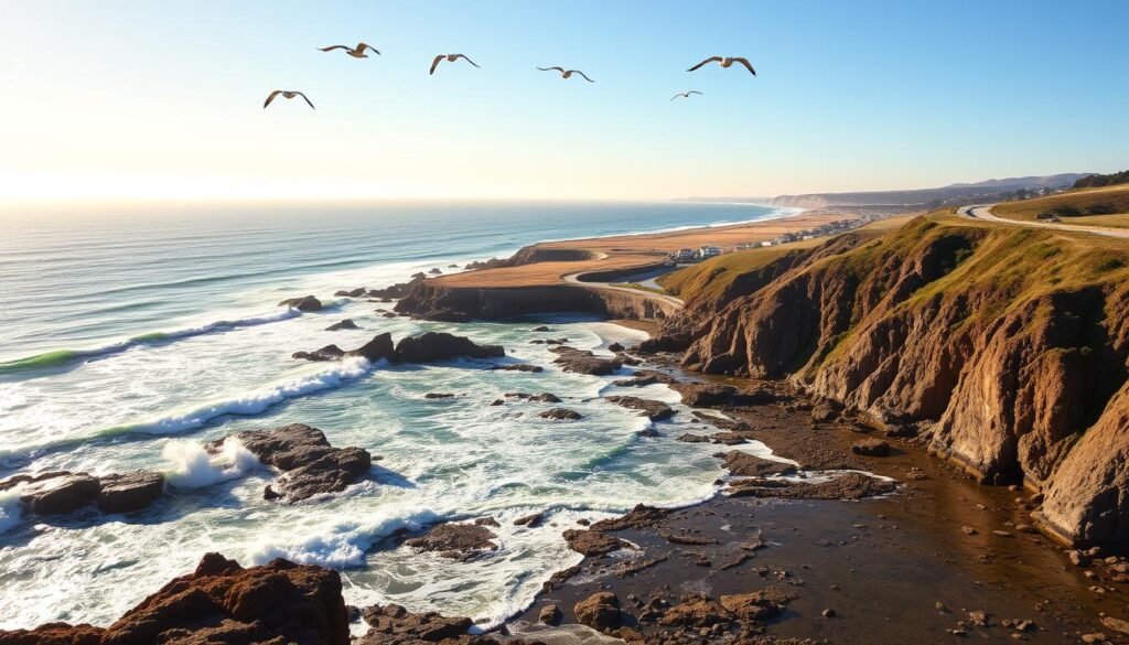A sun-kissed coastline along the rugged cliffs of Half Moon Bay, California. In the foreground, a breathtaking vista of crashing waves and tide pools teeming with marine life. A middle ground dotted with picturesque beachfront homes and seaside trails, inviting exploration. In the background, the majestic Pacific Ocean stretches out, its cerulean hues fading into the horizon. A warm, golden light bathes the scene, creating a serene and tranquil atmosphere. Seagulls soar overhead, their cries echoing the soothing rhythm of the tides. This image captures the essence of the coastal charm and natural beauty that define Half Moon Bay, a true haven for those seeking to immerse themselves in the captivating beauty of the California coastline.