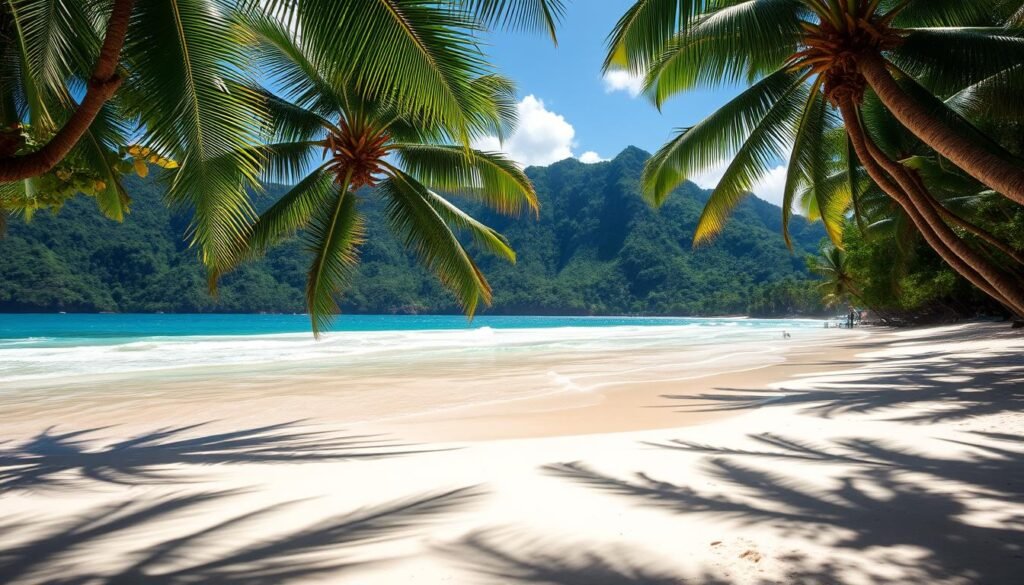 A sun-kissed tropical beach with shell-soft sand gently sloping into the shimmering, turquoise waters of Playa Conchal, Costa Rica. Lush palm trees sway overhead, their fronds casting dappled shadows on the shore. Towering green hills rise in the distance, their slopes draped in verdant foliage. A wide-angle lens captures the tranquil scene, showcasing the breathtaking natural beauty of this hidden gem. The atmosphere is one of serene relaxation, inviting visitors to unwind and immerse themselves in the enchanting coastal landscape.