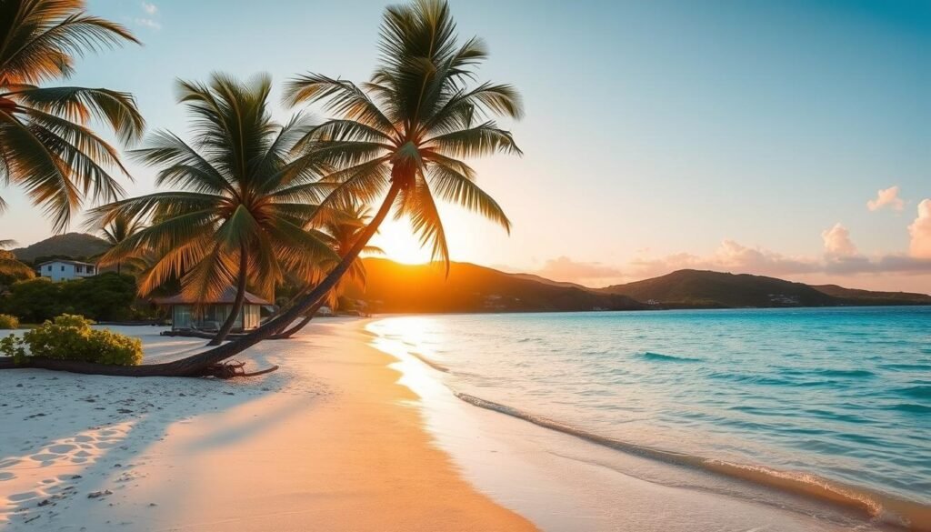 A sun-kissed tropical paradise, Culebra Flamenco Beach is a breathtaking Caribbean gem. In the foreground, crystal-clear turquoise waters lap against the soft, powdery white sand. Lush palm trees sway gently in the warm island breeze, casting delicate patterns of light and shadow. The middle ground reveals a backdrop of rolling green hills, dotted with vibrant vegetation and the occasional white-washed coastal home. The scene is bathed in a golden glow, as the sun dips low on the horizon, painting the sky in a magnificent palette of oranges and pinks. An air of tranquility and relaxation pervades the entire landscape, inviting visitors to bask in the timeless beauty of this idyllic island retreat. A sun-kissed tropical paradise, Culebra Flamenco Beach is a breathtaking Caribbean gem. In the foreground, crystal-clear turquoise waters lap against the soft, powdery white sand. Lush palm trees sway gently in the warm island breeze, casting delicate patterns of light and shadow. The middle ground reveals a backdrop of rolling green hills, dotted with vibrant vegetation and the occasional white-washed coastal home. The scene is bathed in a golden glow, as the sun dips low on the horizon, painting the sky in a magnificent palette of oranges and pinks. An air of tranquility and relaxation pervades the entire landscape, inviting visitors to bask in the timeless beauty of this idyllic island retreat.