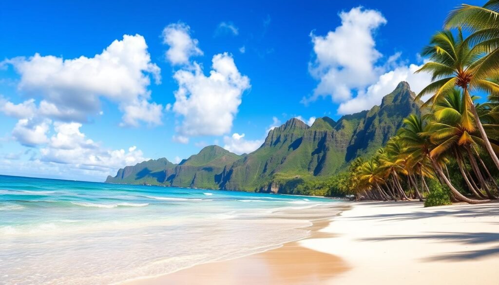A sun-kissed tropical paradise, where pristine beaches stretch as far as the eye can see. In the foreground, fine white sand cascades gently into crystal-clear turquoise waters, inviting visitors to dip their toes and bask in the warm embrace of the Pacific. Swaying palm trees line the shore, casting delicate shadows that dance across the sand. In the middle ground, lush, verdant cliffs rise majestically, their jagged silhouettes framing the scene with a sense of timeless beauty. The background is dominated by a breathtaking azure sky, dotted with fluffy white clouds that seem to float effortlessly, mirroring the tranquility of the ocean below. Vibrant, saturated colors, warm natural lighting, and a serene, awe-inspiring atmosphere capture the essence of Hawaii's most captivating beaches. A sun-kissed tropical paradise, where pristine beaches stretch as far as the eye can see. In the foreground, fine white sand cascades gently into crystal-clear turquoise waters, inviting visitors to dip their toes and bask in the warm embrace of the Pacific. Swaying palm trees line the shore, casting delicate shadows that dance across the sand. In the middle ground, lush, verdant cliffs rise majestically, their jagged silhouettes framing the scene with a sense of timeless beauty. The background is dominated by a breathtaking azure sky, dotted with fluffy white clouds that seem to float effortlessly, mirroring the tranquility of the ocean below. Vibrant, saturated colors, warm natural lighting, and a serene, awe-inspiring atmosphere capture the essence of Hawaii's most captivating beaches.
