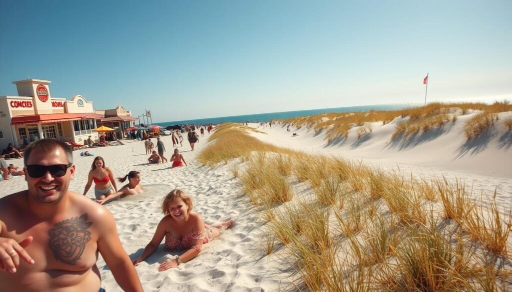 A sunny summer day on the pristine beaches of Long Beach Island, New Jersey. In the foreground, sun-kissed beachgoers enjoy the warm Atlantic waters, their laughter and joy palpable. The middle ground features a classic Jersey Shore boardwalk, lined with charming seaside shops and eateries. In the background, rolling sand dunes dotted with vibrant beach grass lead the eye towards the vast, shimmering ocean horizon. The scene is bathed in a golden glow, captured through a wide-angle lens that emphasizes the expansive, picturesque vista. This is the essence of a perfect summer escape - a timeless celebration of the carefree, coastal lifestyle that defines Long Beach Island.