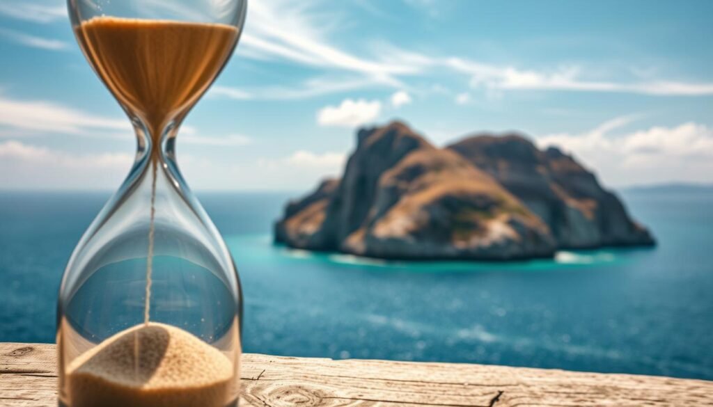 A sweeping landscape where time ebbs and flows, with a sun-drenched island nestled amidst an azure sea. In the foreground, an hourglass casts its gentle shadow, grains of sand cascading downward, symbolizing the fleeting nature of each moment. In the middle ground, a majestic cliff face rises, its weathered surfaces etched with the passage of eons. Wispy clouds drift overhead, casting a warm, golden glow across the scene. In the distance, the horizon blurs, hinting at the endless possibilities that await, each island a unique opportunity to explore and discover. The atmosphere is one of tranquility and contemplation, inviting the viewer to pause and consider the ebb and flow of time, and the perfect moment to experience the world's most enchanting islands. A sweeping landscape where time ebbs and flows, with a sun-drenched island nestled amidst an azure sea. In the foreground, an hourglass casts its gentle shadow, grains of sand cascading downward, symbolizing the fleeting nature of each moment. In the middle ground, a majestic cliff face rises, its weathered surfaces etched with the passage of eons. Wispy clouds drift overhead, casting a warm, golden glow across the scene. In the distance, the horizon blurs, hinting at the endless possibilities that await, each island a unique opportunity to explore and discover. The atmosphere is one of tranquility and contemplation, inviting the viewer to pause and consider the ebb and flow of time, and the perfect moment to experience the world's most enchanting islands.