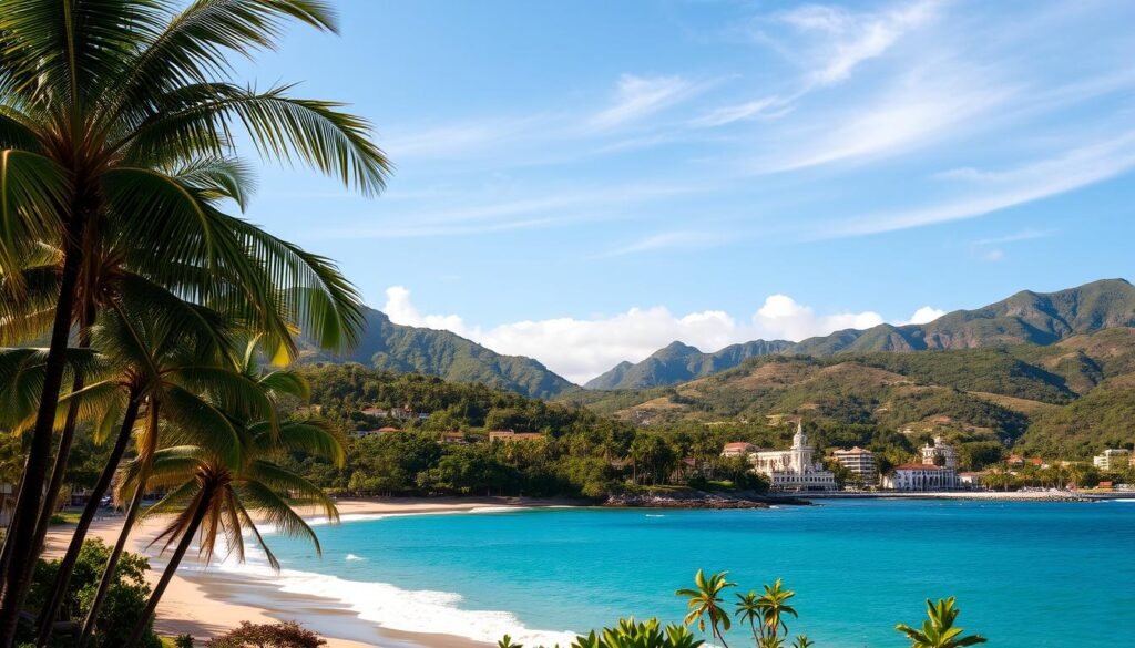 A sweeping panorama of Puerto Rico's seasonal transformations. In the foreground, sun-drenched beaches framed by swaying palm trees, the turquoise waters of the Caribbean inviting exploration. In the middle ground, lush tropical forests shimmer with the vibrant hues of flora and fauna, while rolling hills dotted with charming colonial architecture showcase the island's rich cultural heritage. The background reveals dramatic mountainscapes, their peaks capped with wispy clouds, a testament to the island's diverse microclimates. Warm, golden light filters through, casting a serene, contemplative mood over the entire scene, capturing the essence of Puerto Rico's ever-changing, yet always captivating, seasonal tapestry. A sweeping panorama of Puerto Rico's seasonal transformations. In the foreground, sun-drenched beaches framed by swaying palm trees, the turquoise waters of the Caribbean inviting exploration. In the middle ground, lush tropical forests shimmer with the vibrant hues of flora and fauna, while rolling hills dotted with charming colonial architecture showcase the island's rich cultural heritage. The background reveals dramatic mountainscapes, their peaks capped with wispy clouds, a testament to the island's diverse microclimates. Warm, golden light filters through, casting a serene, contemplative mood over the entire scene, capturing the essence of Puerto Rico's ever-changing, yet always captivating, seasonal tapestry.