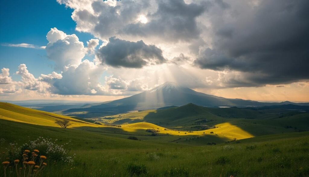 A sweeping panorama of the diverse weather patterns across the lush, rolling landscapes of South Africa. In the foreground, a sun-dappled meadow dotted with wildflowers sways gently in a soft breeze. The middle ground reveals a dramatic thunderstorm brewing, with billowing cumulonimbus clouds casting dramatic shadows on the undulating hills. In the distance, a snow-capped mountain peak pierces the horizon, its summit obscured by wisps of fog. Warm, golden light filters through breaks in the clouds, creating a serene, contemplative mood. The scene captures the dynamic, ever-changing nature of South Africa's weather, from the tranquil to the tumultuous, throughout the seasons.