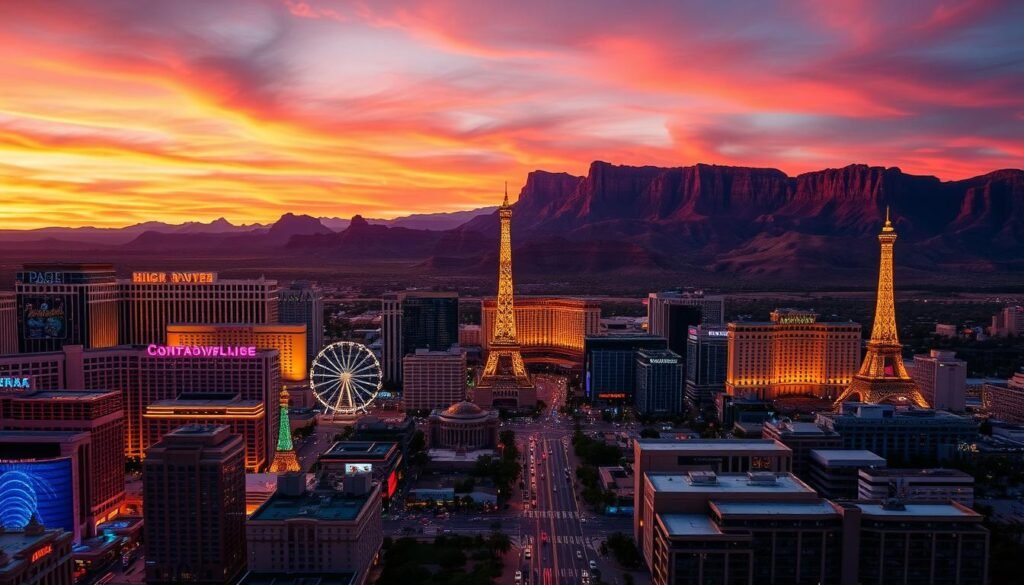 A sweeping panorama of the iconic Las Vegas skyline, framed against a vibrant sunset sky. In the foreground, the neon-lit Strip dazzles with its towering hotels and casinos, their architectural marvels and LED displays illuminating the bustling streets below. The middle ground features the distinctive silhouettes of the High Roller observation wheel and the Eiffel Tower replica, casting long shadows across the cityscape. In the background, the rugged Red Rock Canyon rises, its majestic sandstone formations providing a dramatic natural backdrop to the man-made wonders of Las Vegas. The image is captured with a wide-angle lens, emphasizing the scale and grandeur of the scene, bathed in warm, golden lighting that evokes a sense of excitement and adventure.