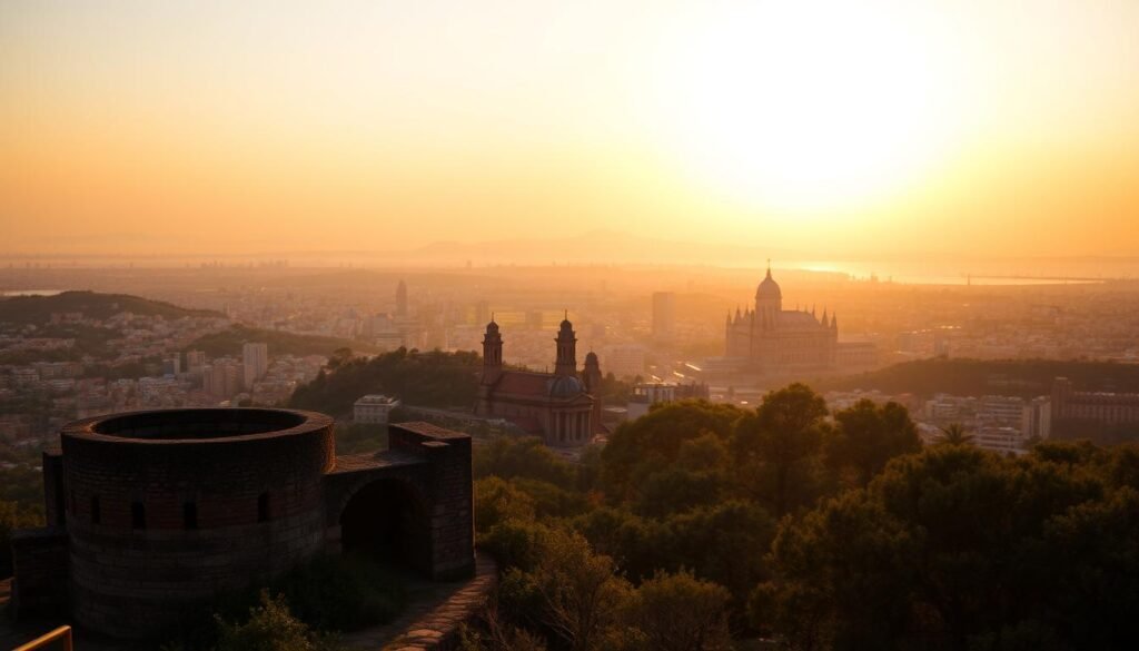 A sweeping panoramic view of Barcelona's iconic skyline, bathed in the warm, golden glow of the setting sun. In the foreground, the rugged, historic Bunkers del Carmel stand proud, offering a commanding perspective of the cityscape. The middle ground is dominated by the lush, verdant slopes of Montjuïc, with its captivating gardens and picturesque landmarks. In the distance, the majestic silhouette of Tibidabo mountain rises, its grand basilica visible against the vibrant, hazy sky. A soft, cinematic haze permeates the scene, evoking a sense of tranquility and timelessness. The entire image is infused with a palpable atmosphere of wonder and awe, inviting the viewer to bask in the breathtaking beauty of Barcelona's "golden hour" vistas.