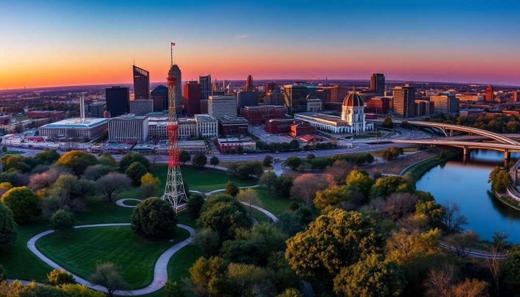 A sweeping panoramic view of the Kansas City skyline, captured from a vantage point high above the city. The foreground features a lush urban park, with winding paths, towering trees, and vibrant greenery. The middle ground showcases the impressive architecture of downtown Kansas City, with a mix of modern skyscrapers and historic buildings bathed in warm, golden light. In the background, the iconic Power & Light District stands tall, its neon signs and illuminated landmarks reflecting in the glistening waters of the nearby river. The scene conveys a sense of energy, progress, and the perfect blend of urban excitement and outdoor tranquility. A sweeping panoramic view of the Kansas City skyline, captured from a vantage point high above the city. The foreground features a lush urban park, with winding paths, towering trees, and vibrant greenery. The middle ground showcases the impressive architecture of downtown Kansas City, with a mix of modern skyscrapers and historic buildings bathed in warm, golden light. In the background, the iconic Power & Light District stands tall, its neon signs and illuminated landmarks reflecting in the glistening waters of the nearby river. The scene conveys a sense of energy, progress, and the perfect blend of urban excitement and outdoor tranquility.