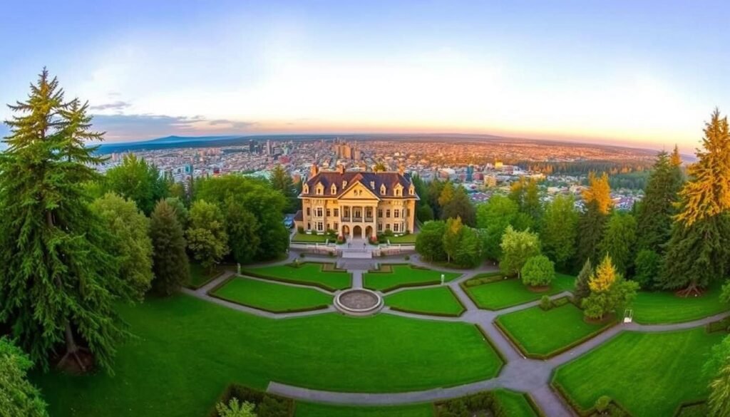 A sweeping panoramic view of the historic Pittock Mansion, perched atop a lush, green hillside overlooking the vibrant cityscape of Portland, Oregon. The stately, neoclassical mansion stands tall, its grandeur accentuated by the warm, golden light of the setting sun. In the foreground, the beautifully manicured gardens and pathways lead the eye towards the building, while the distant skyline of the city, dotted with skyscrapers and iconic landmarks, fills the middle and background. The image conveys a sense of timeless elegance and the rich history of this iconic Portland landmark, perfectly capturing the "Historic Views and House Museum Moments at Pittock Mansion" experience.