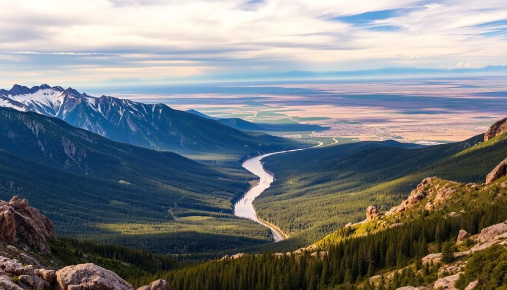 A sweeping vista of Colorado's diverse landscapes - from the majestic Rocky Mountains to the rolling plains. In the foreground, rugged peaks stretch towards the sky, their snow-capped summits glinting in the warm afternoon light. The middle ground features lush, forested foothills, their verdant slopes leading down to a tranquil river winding through the valley. In the distance, the vast, open expanse of the Great Plains extends to the horizon, dotted with small towns and farmland. The scene conveys a sense of grandeur, with dramatic contrasts in elevation, terrain, and climate all within a single frame. A wide-angle lens captures the full scope of this remarkable region, inviting the viewer to explore the many wonders that await in Colorado. A sweeping vista of Colorado's diverse landscapes - from the majestic Rocky Mountains to the rolling plains. In the foreground, rugged peaks stretch towards the sky, their snow-capped summits glinting in the warm afternoon light. The middle ground features lush, forested foothills, their verdant slopes leading down to a tranquil river winding through the valley. In the distance, the vast, open expanse of the Great Plains extends to the horizon, dotted with small towns and farmland. The scene conveys a sense of grandeur, with dramatic contrasts in elevation, terrain, and climate all within a single frame. A wide-angle lens captures the full scope of this remarkable region, inviting the viewer to explore the many wonders that await in Colorado.