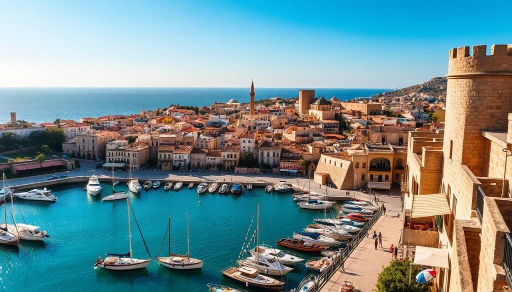 A sweeping vista of Rhodes' medieval Old Town, its sandstone walls and turrets silhouetted against a brilliant azure sky. In the foreground, a picturesque harbor filled with bobbing fishing boats and yachts, their reflections dancing on the crystalline turquoise waters. Shadowy alleys and sun-dappled squares lead the eye deeper into the historic core, inviting exploration of its charming cafes, boutiques, and ancient landmarks. A warm, golden light suffuses the scene, lending an air of timeless tranquility to this enchanting intersection of history and natural beauty on the Aegean Sea.