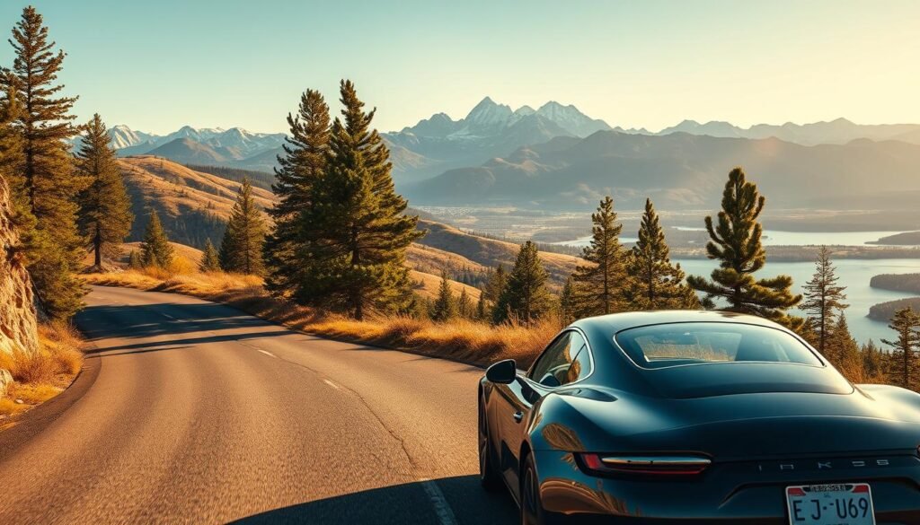 A sweeping vista of an epic road trip through a majestic landscape. In the foreground, a sleek, vintage sports car navigates a winding mountain road, its chrome gleaming in the warm, golden sunlight. The middle ground reveals rolling hills dotted with towering pine trees, their verdant canopies casting gentle shadows across the asphalt. In the distance, jagged, snow-capped peaks pierce the azure sky, their rugged beauty reflected in a tranquil lake below. The scene exudes a sense of adventure, freedom, and the thrill of the open road, inviting the viewer to embark on their own unforgettable journey.