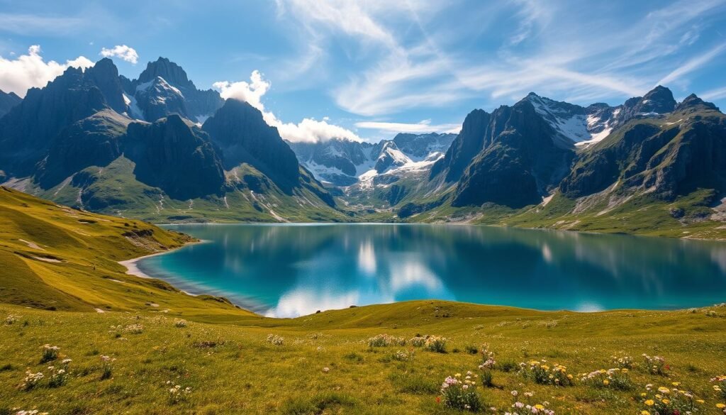 A sweeping vista of majestic Swiss Alps, with jagged peaks piercing the azure sky. In the foreground, a pristine alpine lake reflects the surrounding mountains, its crystal-clear waters shimmering in the golden afternoon light. Rolling green meadows dotted with wildflowers lead the eye towards the distant snow-capped summits, shrouded in wispy clouds. A warm, serene atmosphere permeates the scene, inviting the viewer to pause and savor the breathtaking natural beauty. Captured through the lens of a wide-angle DSLR camera, this image beautifully encapsulates the essence of Switzerland's most stunning landscapes. A sweeping vista of majestic Swiss Alps, with jagged peaks piercing the azure sky. In the foreground, a pristine alpine lake reflects the surrounding mountains, its crystal-clear waters shimmering in the golden afternoon light. Rolling green meadows dotted with wildflowers lead the eye towards the distant snow-capped summits, shrouded in wispy clouds. A warm, serene atmosphere permeates the scene, inviting the viewer to pause and savor the breathtaking natural beauty. Captured through the lens of a wide-angle DSLR camera, this image beautifully encapsulates the essence of Switzerland's most stunning landscapes.