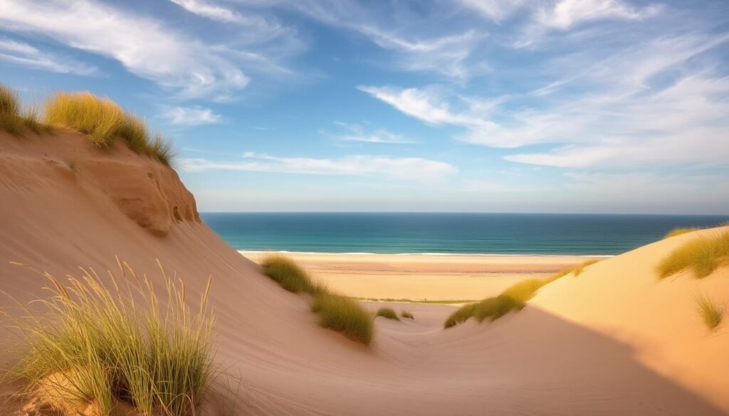 A sweeping vista of the iconic Lake Michigan dunes, bathed in warm afternoon light. In the foreground, towering sand formations carved by the wind, their slopes dotted with verdant beach grasses swaying gently. The middle ground reveals a pristine stretch of golden sand, lapped by the crystal-clear waters of the lake, the horizon fading into a hazy blue sky. Wispy clouds float overhead, casting soft shadows on the undulating landscape. The scene exudes a timeless, serene atmosphere, capturing the natural beauty and allure of this beloved Michigan landmark.