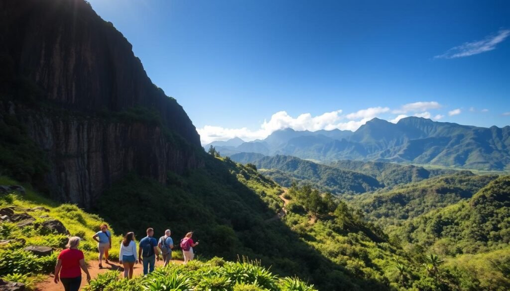 A sweeping vista of the lush, verdant valleys of Kualoa Ranch, the picturesque backdrop for countless Hollywood blockbusters. In the foreground, a group of adventurous tourists explore the rugged terrain, led by a knowledgeable guide. Dramatic lighting filters through towering cliffs, casting long shadows across the landscape. The middle ground reveals a winding hiking trail, flanked by towering trees and verdant foliage. In the distance, the majestic Ko'olau mountain range rises, its peaks shrouded in wispy clouds. The scene exudes a sense of adventure and wonder, perfectly capturing the essence of this iconic Hawaiian destination.