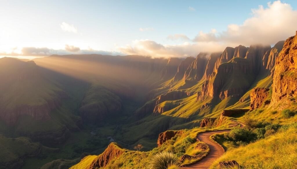 A sweeping vista of the majestic Kauaʻi cliffs, with lush, verdant valleys nestled between towering, jagged peaks. The warm, golden light of the setting sun illuminates the dramatic, weathered rock formations, casting long shadows across the undulating landscape. In the foreground, a winding hiking trail leads the viewer deeper into this untamed, natural paradise, inviting exploration of the island's wild, untamed beauty. Wispy clouds drift overhead, lending a sense of tranquility and timelessness to the scene. The overall mood is one of awe-inspiring grandeur, where the power and serenity of nature converge in a breathtaking display. A sweeping vista of the majestic Kauaʻi cliffs, with lush, verdant valleys nestled between towering, jagged peaks. The warm, golden light of the setting sun illuminates the dramatic, weathered rock formations, casting long shadows across the undulating landscape. In the foreground, a winding hiking trail leads the viewer deeper into this untamed, natural paradise, inviting exploration of the island's wild, untamed beauty. Wispy clouds drift overhead, lending a sense of tranquility and timelessness to the scene. The overall mood is one of awe-inspiring grandeur, where the power and serenity of nature converge in a breathtaking display.