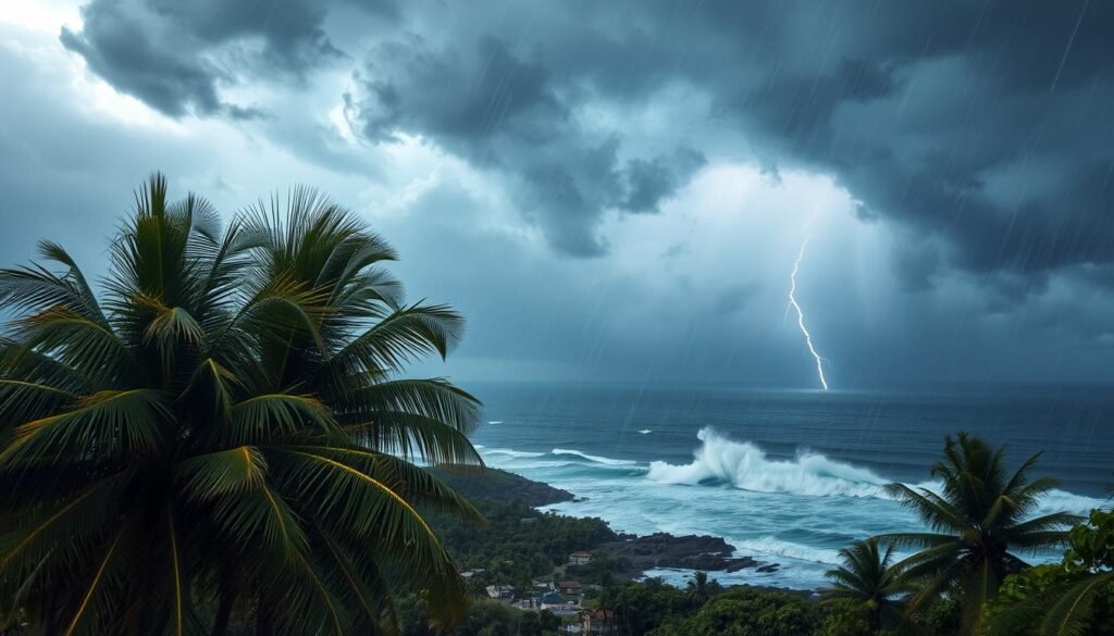 A swirling maelstrom of clouds and wind dominates the sky, casting an ominous shadow over the lush, tropical landscape. Heavy rain pours down, streaking across the frame as lightning forks across the horizon. In the foreground, palm trees sway violently, their fronds whipping in the gusting breeze. The middle ground reveals a small coastal town, its buildings battling against the storm's fury. Beyond, the churning ocean waves crash against the rocky shoreline, white-capped and unforgiving. The overall scene conveys the raw, unforgiving power of a Caribbean hurricane, a dramatic and foreboding display of nature's might. A swirling maelstrom of clouds and wind dominates the sky, casting an ominous shadow over the lush, tropical landscape. Heavy rain pours down, streaking across the frame as lightning forks across the horizon. In the foreground, palm trees sway violently, their fronds whipping in the gusting breeze. The middle ground reveals a small coastal town, its buildings battling against the storm's fury. Beyond, the churning ocean waves crash against the rocky shoreline, white-capped and unforgiving. The overall scene conveys the raw, unforgiving power of a Caribbean hurricane, a dramatic and foreboding display of nature's might.