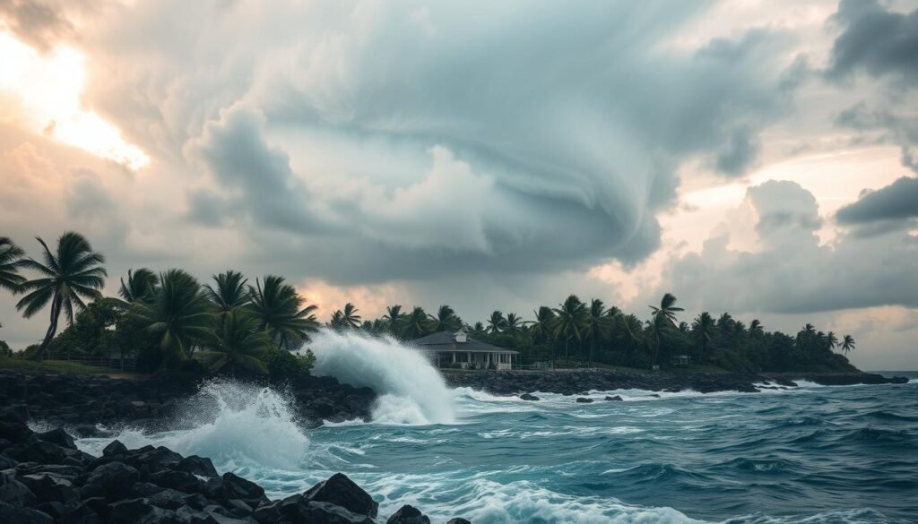 A swirling vortex of clouds and rain dominates the skyline, as powerful winds whip through the palm trees lining the beach. In the foreground, waves crash against the rocky shoreline, their white foam contrasting with the deep, ominous hues of the sea. The middle ground features a small coastal town, its buildings weathered by the relentless storm. The overall atmosphere is one of tension and foreboding, capturing the intensity of hurricane season in the Bahamas. Warm lighting filters through the clouds, casting a moody, dramatic glow over the entire scene.
