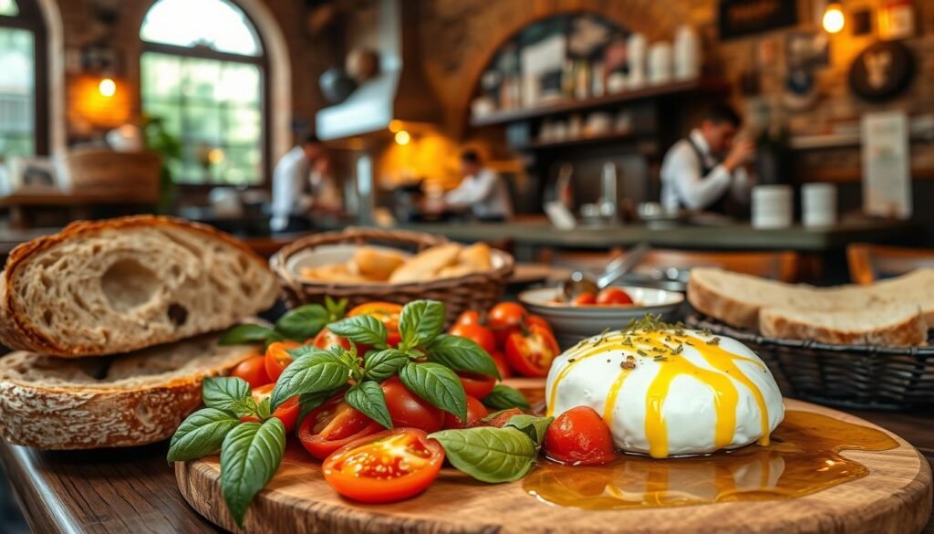 A table laden with an array of Tuscan delicacies, including freshly baked rustic bread, creamy burrata, juicy tomatoes, fragrant basil, and a rich, glistening olive oil drizzle. In the background, a cozy Florentine bistro setting with warm, golden lighting, weathered brick walls, and an open kitchen where chefs skillfully prepare traditional Tuscan fare. The scene exudes an inviting, homey atmosphere, capturing the essence of Florentine cuisine and the joy of indulging in the region's vibrant, flavor-packed dishes. A table laden with an array of Tuscan delicacies, including freshly baked rustic bread, creamy burrata, juicy tomatoes, fragrant basil, and a rich, glistening olive oil drizzle. In the background, a cozy Florentine bistro setting with warm, golden lighting, weathered brick walls, and an open kitchen where chefs skillfully prepare traditional Tuscan fare. The scene exudes an inviting, homey atmosphere, capturing the essence of Florentine cuisine and the joy of indulging in the region's vibrant, flavor-packed dishes.