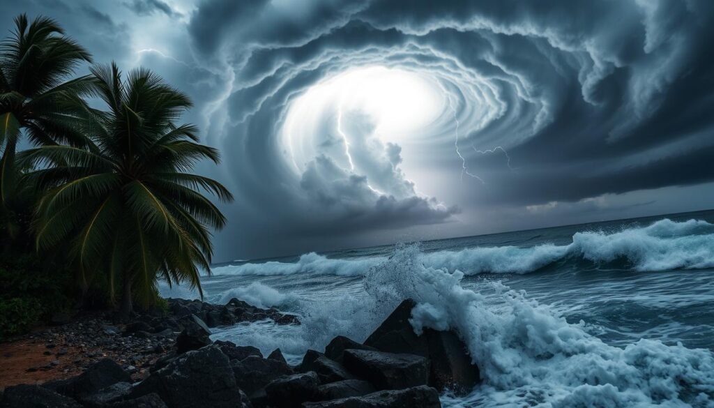 A towering spiral of thunderclouds dominates the horizon, casting an ominous shadow over a tropical beach. Rain lashes the palm trees as they sway in the howling wind, their fronds whipping through the turbulent air. In the foreground, roiling waves crash violently against the rocky shore, white-capped and foaming. The deep, charcoal-gray sky is illuminated by flashes of lightning, casting a dramatic, otherworldly glow over the scene. The atmosphere conveys a sense of power and danger, a stark contrast to the tranquil, idyllic vision of Hawaii often portrayed. This is the reality of hurricane season in the islands, a force of nature that commands respect and caution. A towering spiral of thunderclouds dominates the horizon, casting an ominous shadow over a tropical beach. Rain lashes the palm trees as they sway in the howling wind, their fronds whipping through the turbulent air. In the foreground, roiling waves crash violently against the rocky shore, white-capped and foaming. The deep, charcoal-gray sky is illuminated by flashes of lightning, casting a dramatic, otherworldly glow over the scene. The atmosphere conveys a sense of power and danger, a stark contrast to the tranquil, idyllic vision of Hawaii often portrayed. This is the reality of hurricane season in the islands, a force of nature that commands respect and caution.