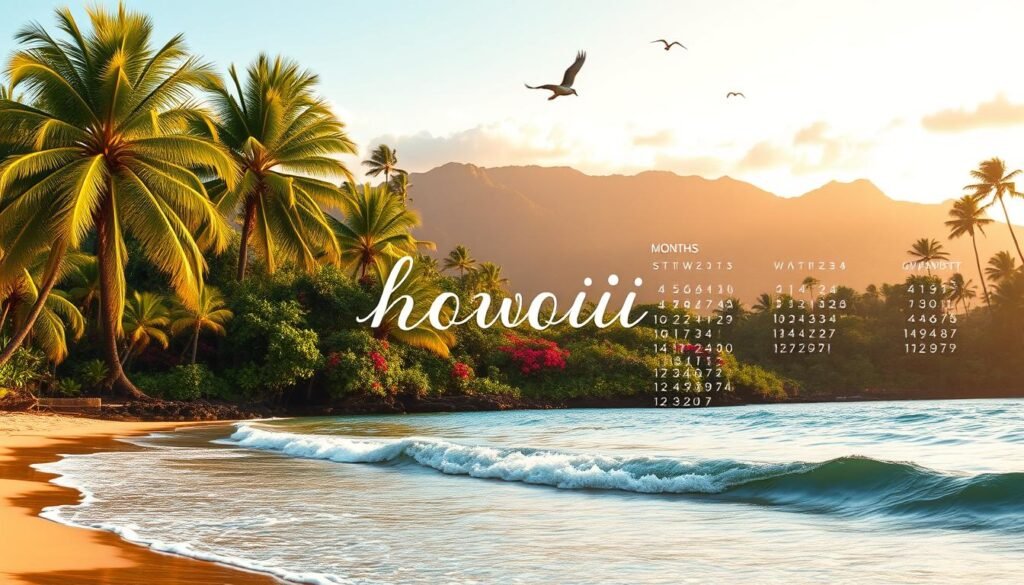 A tranquil Hawaiian landscape with the months of the year artfully displayed. In the foreground, a serene beach scene with gently lapping waves and swaying palm trees. The middle ground features a lush tropical forest, with vibrant flowers and birds in flight. In the background, a picturesque volcanic mountain range, softly illuminated by warm, golden sunlight. The months are presented as elegant, hand-lettered text, seamlessly integrated into the natural environment, capturing the rhythm and beauty of the Hawaiian calendar. The overall composition evokes a sense of harmony, inviting the viewer to imagine the unique experiences and festivities that each month in Hawaii might hold. A tranquil Hawaiian landscape with the months of the year artfully displayed. In the foreground, a serene beach scene with gently lapping waves and swaying palm trees. The middle ground features a lush tropical forest, with vibrant flowers and birds in flight. In the background, a picturesque volcanic mountain range, softly illuminated by warm, golden sunlight. The months are presented as elegant, hand-lettered text, seamlessly integrated into the natural environment, capturing the rhythm and beauty of the Hawaiian calendar. The overall composition evokes a sense of harmony, inviting the viewer to imagine the unique experiences and festivities that each month in Hawaii might hold.