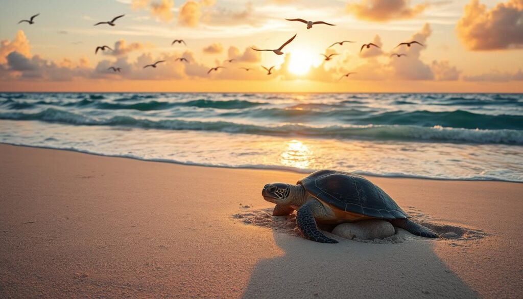 A tranquil beach at sunset, the shoreline gently lapped by the warm Caribbean waves. In the foreground, a sea turtle emerges from the ocean, its ancient shell glistening as it slowly makes its way across the sand. The turtle pauses, surveying its surroundings, before carefully digging a nest and depositing its precious eggs. Overhead, a flock of seabirds soar on the gentle breeze, their cries echoing across the serene landscape. The scene is bathed in a soft, golden glow, creating a sense of timeless beauty and the wonders of nature. A tranquil beach at sunset, the shoreline gently lapped by the warm Caribbean waves. In the foreground, a sea turtle emerges from the ocean, its ancient shell glistening as it slowly makes its way across the sand. The turtle pauses, surveying its surroundings, before carefully digging a nest and depositing its precious eggs. Overhead, a flock of seabirds soar on the gentle breeze, their cries echoing across the serene landscape. The scene is bathed in a soft, golden glow, creating a sense of timeless beauty and the wonders of nature.