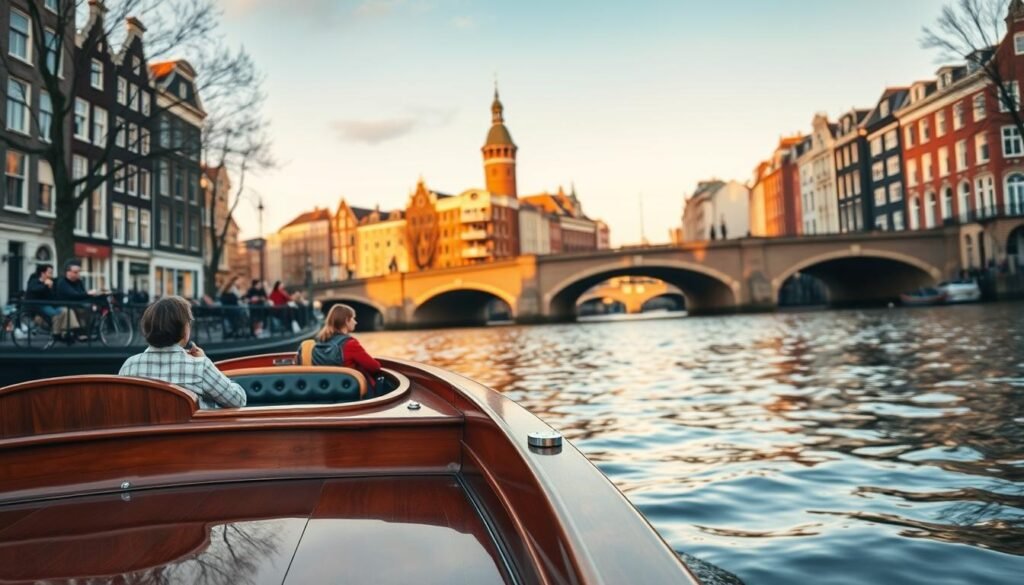 A tranquil canal cruise in Amsterdam, with a classic wooden boat gliding smoothly along the historic waterways. The foreground features passengers relaxing and taking in the sights, with the boat's elegant design and intricate detailing. The middle ground showcases the charming canal-side buildings, their vibrant facades and unique architecture casting warm reflections in the calm waters. In the background, the city's iconic bridges and landmarks rise up, bathed in soft, golden-hued natural lighting that creates a serene, picturesque atmosphere. The overall scene captures the essence of Amsterdam's captivating canal culture, inviting the viewer to experience the city's peaceful, enchanting ambiance.