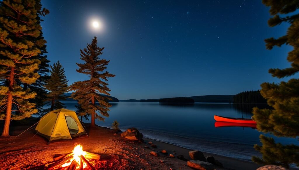 A tranquil island in the heart of Voyageurs National Park, Minnesota. A cozy campsite nestled among towering pines, with a small tent pitched by the lapping shores of a pristine lake. In the foreground, a crackling campfire casts a warm, golden glow, while in the middle ground, a canoe rests on the still waters, reflecting the starry night sky above. The background is filled with the silhouettes of distant islands, blanketed in the deep greens of the northern forest. The scene is bathed in the soft, diffused light of a quarter moon, creating a serene and atmospheric landscape primed for a night of peaceful island camping and awe-inspiring stargazing.