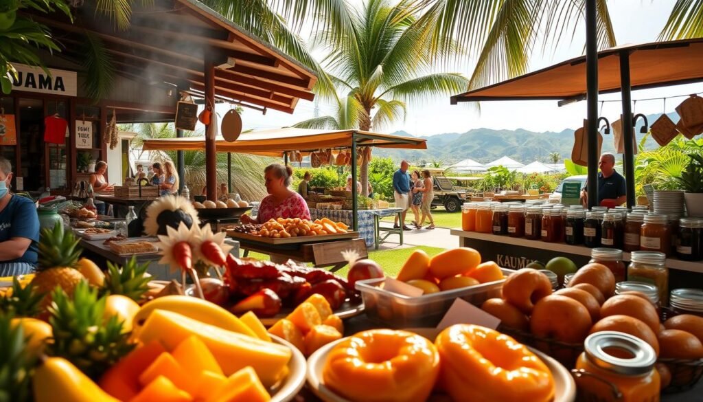 A tranquil island scene, sun-dappled and serene. In the foreground, an assortment of mouthwatering local delicacies - fresh tropical fruits, fragrant Hawaiian barbecue, and the irresistible aroma of warm malasadas. The middle ground features a vibrant farmers market, bustling with vendors offering the day's bounty - vibrant produce, artisanal baked goods, and jars of island-made honey and preserves. In the background, a lush, verdant landscape unfolds, with swaying palms and the distant outline of emerald mountains. The overall mood is one of relaxation and indulgence, capturing the essence of Kauai's renowned food culture. Soft, diffused natural lighting illuminates the scene, creating a sense of warmth and tropical tranquility.