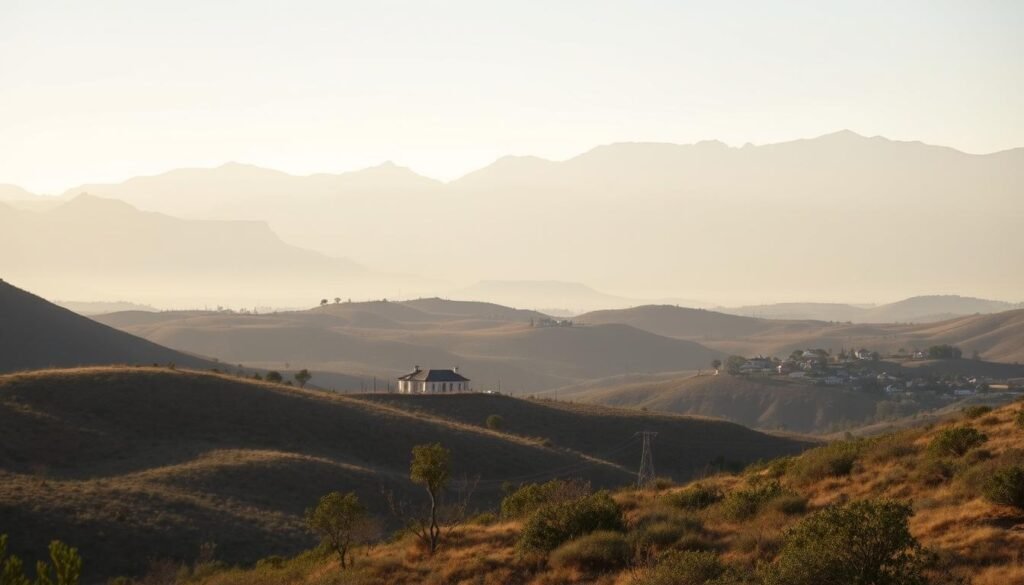 A tranquil landscape during the off-season in South Africa, bathed in soft, golden light. In the foreground, rolling hills and sparse vegetation suggest a quieter, less-crowded setting. In the middle ground, a small, quaint village nestled between the hills, its rooftops and streets deserted, hinting at the calmer pace of life. The background features majestic mountain ranges, their peaks shrouded in a hazy, atmospheric glow, creating a sense of serene isolation. The overall mood is one of peaceful solitude, inviting the viewer to imagine a leisurely, budget-friendly exploration of South Africa's natural beauty, away from the bustle of peak tourist seasons.