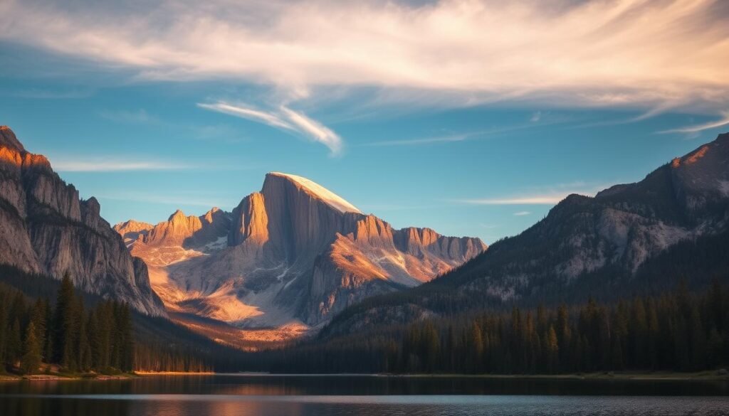A tranquil landscape of Yosemite National Park, captured in the golden hour. In the foreground, a serene alpine lake reflects the majestic granite peaks rising in the distance, their rugged beauty softened by the warm, diffused lighting. Lush evergreen forests line the shores, their verdant hues complementing the deep blue of the water. Wispy clouds drift lazily across a clear, azure sky, adding depth and dimension to the scene. The overall atmosphere is one of peaceful contemplation, inviting the viewer to immerse themselves in the timeless beauty of this natural wonder. A tranquil landscape of Yosemite National Park, captured in the golden hour. In the foreground, a serene alpine lake reflects the majestic granite peaks rising in the distance, their rugged beauty softened by the warm, diffused lighting. Lush evergreen forests line the shores, their verdant hues complementing the deep blue of the water. Wispy clouds drift lazily across a clear, azure sky, adding depth and dimension to the scene. The overall atmosphere is one of peaceful contemplation, inviting the viewer to immerse themselves in the timeless beauty of this natural wonder.