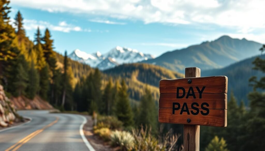 A tranquil mountain scene unfolds, with a scenic winding road cutting through the landscape. In the foreground, a rustic wooden sign denotes a "Day Pass" to a hidden trail, inviting the adventurous explorer. Lush, verdant pine forests rise up in the middle ground, their canopy casting a warm, golden glow across the scene. Beyond, snow-capped peaks pierce the azure sky, their majestic silhouettes reflecting the grandeur of Colorado's high country. Soft, diffused lighting bathes the entire composition, creating a serene and inviting atmosphere that beckons the viewer to embark on an unforgettable day trip. A tranquil mountain scene unfolds, with a scenic winding road cutting through the landscape. In the foreground, a rustic wooden sign denotes a "Day Pass" to a hidden trail, inviting the adventurous explorer. Lush, verdant pine forests rise up in the middle ground, their canopy casting a warm, golden glow across the scene. Beyond, snow-capped peaks pierce the azure sky, their majestic silhouettes reflecting the grandeur of Colorado's high country. Soft, diffused lighting bathes the entire composition, creating a serene and inviting atmosphere that beckons the viewer to embark on an unforgettable day trip.