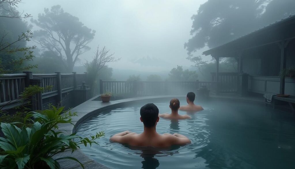 A tranquil outdoor onsen surrounded by lush, verdant foliage and a misty, atmospheric landscape. Bathers immersed in the steaming, mineral-rich waters, gazing upon the majestic Mount Fuji in the distance. Soft, diffused natural lighting filters through the mist, creating a serene, otherworldly ambiance. Weathered, traditional wooden architecture blends harmoniously with the natural setting. A sense of timeless, restorative calm permeates the scene, inviting the viewer to imagine the soothing, rejuvenating experience of an authentic Japanese onsen. A tranquil outdoor onsen surrounded by lush, verdant foliage and a misty, atmospheric landscape. Bathers immersed in the steaming, mineral-rich waters, gazing upon the majestic Mount Fuji in the distance. Soft, diffused natural lighting filters through the mist, creating a serene, otherworldly ambiance. Weathered, traditional wooden architecture blends harmoniously with the natural setting. A sense of timeless, restorative calm permeates the scene, inviting the viewer to imagine the soothing, rejuvenating experience of an authentic Japanese onsen.