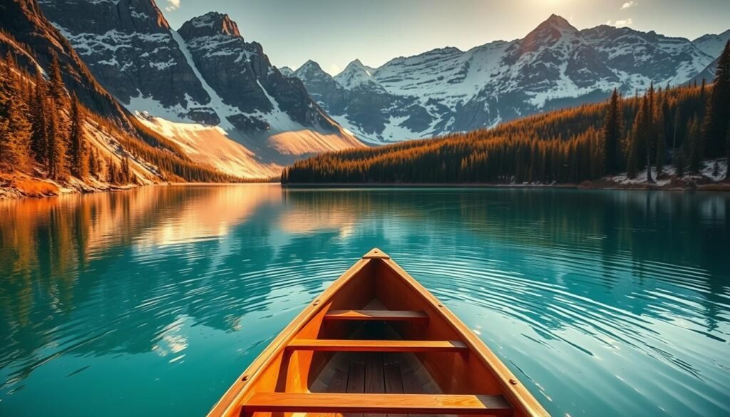A tranquil scene at Lake Louise, the emerald-green waters reflecting the rugged Rocky Mountains. In the foreground, a classic wooden canoe gently glides across the calm surface, its oars creating gentle ripples. Bathed in warm, golden sunlight, the surrounding pine trees and snow-capped peaks create a serene, picturesque landscape. The mood is one of peaceful contemplation, inviting the viewer to join in this iconic Banff experience. Captured with a wide-angle lens to showcase the dramatic vistas, this image conveys the timeless allure of Banff's stunning natural beauty in the summer. A tranquil scene at Lake Louise, the emerald-green waters reflecting the rugged Rocky Mountains. In the foreground, a classic wooden canoe gently glides across the calm surface, its oars creating gentle ripples. Bathed in warm, golden sunlight, the surrounding pine trees and snow-capped peaks create a serene, picturesque landscape. The mood is one of peaceful contemplation, inviting the viewer to join in this iconic Banff experience. Captured with a wide-angle lens to showcase the dramatic vistas, this image conveys the timeless allure of Banff's stunning natural beauty in the summer.